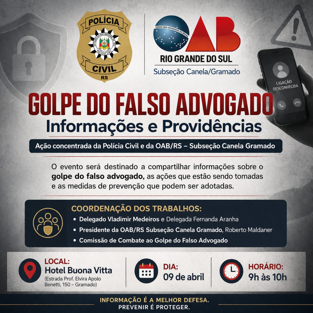 Polícia Civil e Ordem dos Advogados do Brasil realizarão evento em Gramado